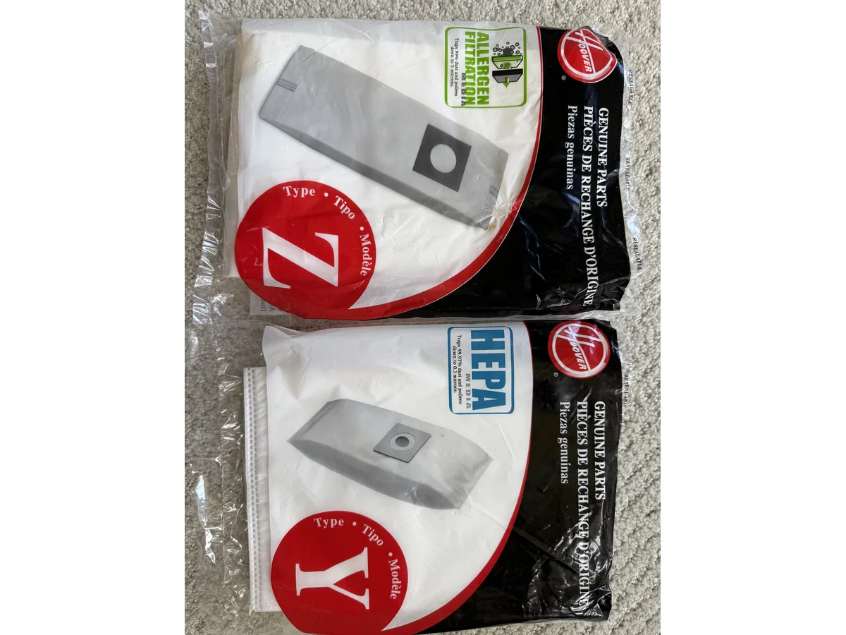 Hoover Type Y and Type Z HEPA vacuum bag packages for WindTunnel upright compatibility