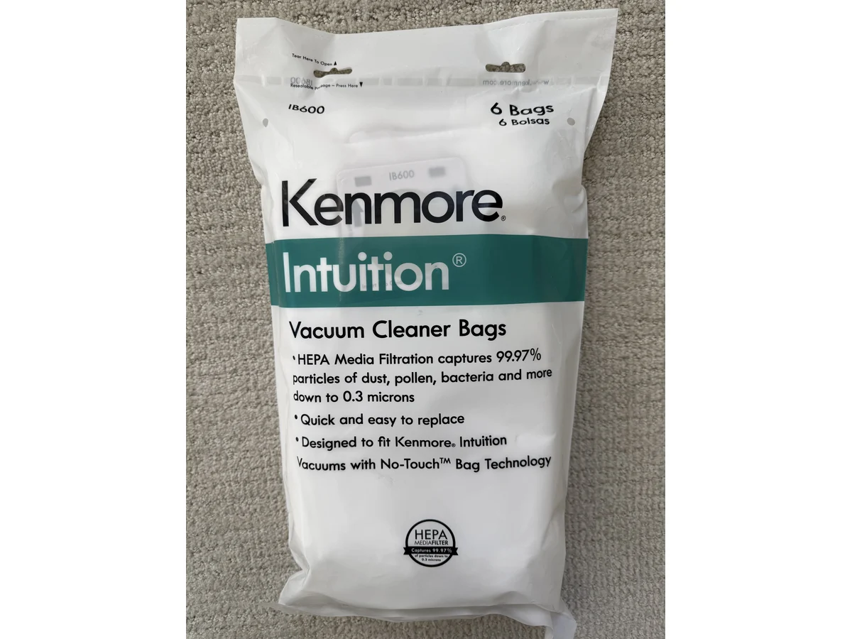 Kenmore IB600 Intuition upright vacuum cleaner bag package with No Touch bag technology